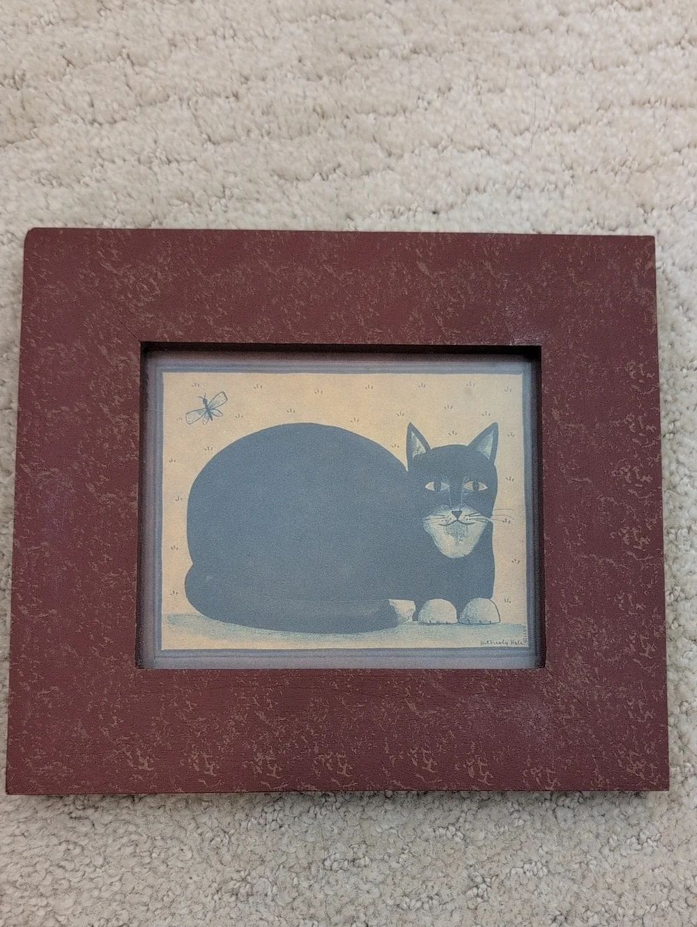 Vintage Primitive Cat Art Framed Print - Burgundy Frame, Black Cat Illustration
